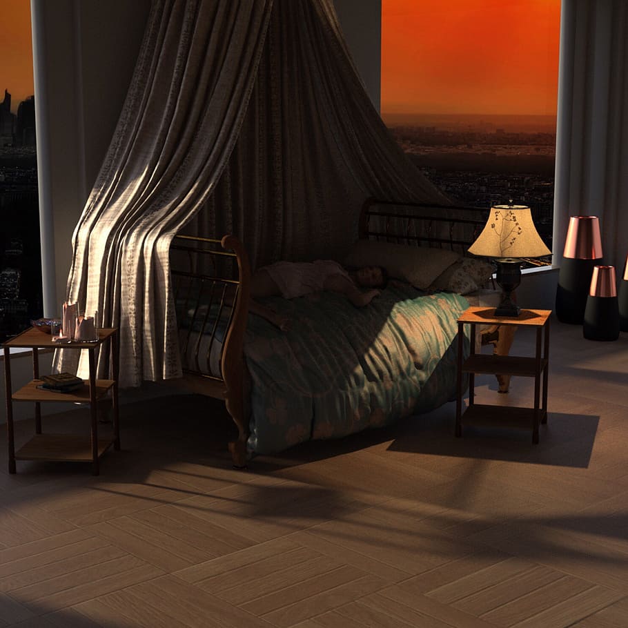 room, light, four poster bed, mood, atmosphere, window, sunset, lamp, building, package