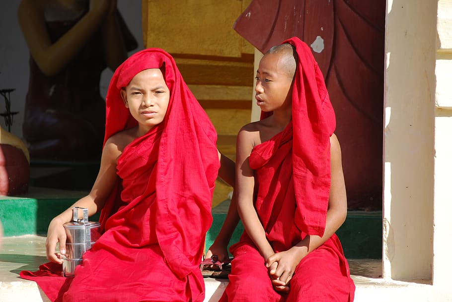 мьянма, буддизм, монах, мальчики, парни, дети, красный, традиционно, традиция, сидеть