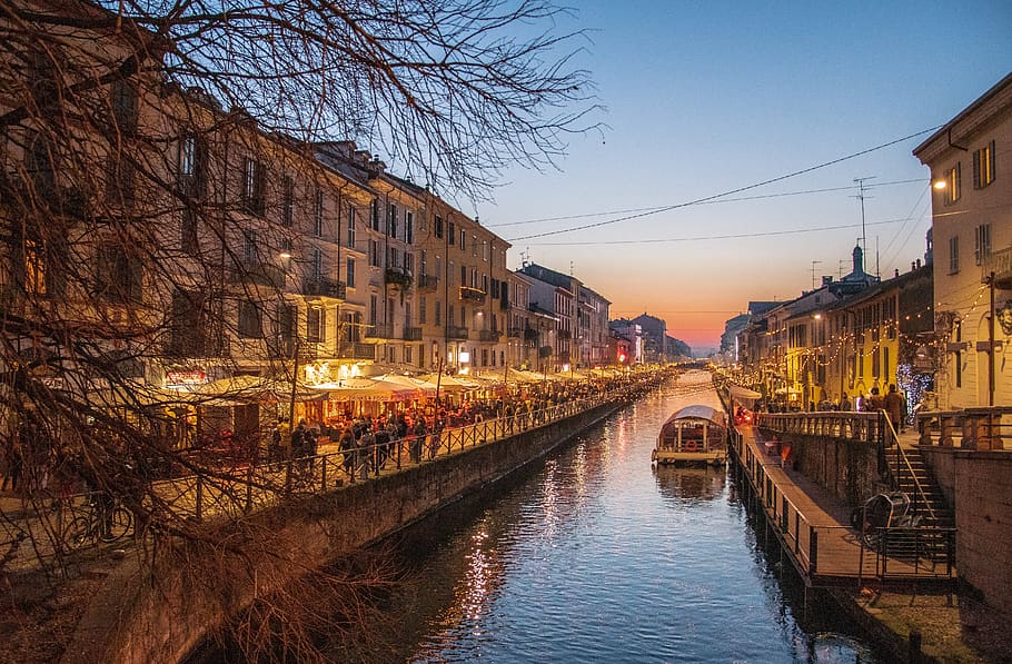 milan, the naviglio grande, christmas, sunset, winter, twilight, architecture, built structure, canal, building exterior