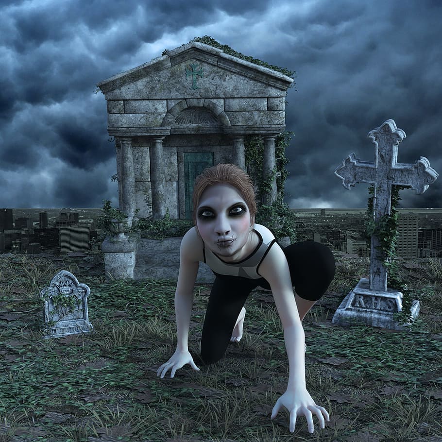 woman clip art, cemetery, zombie, horror, weird, gloomy, mood, creepy, grave stones, daemon
