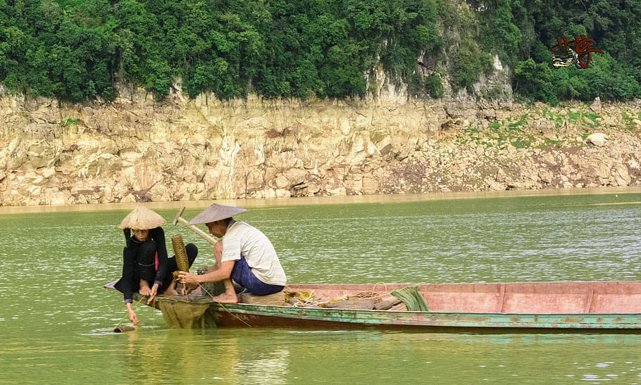 Vietnã, paisagem, dienbien, duas pessoas, dia, comprimento total, somente adultos, união, água, pessoas reais