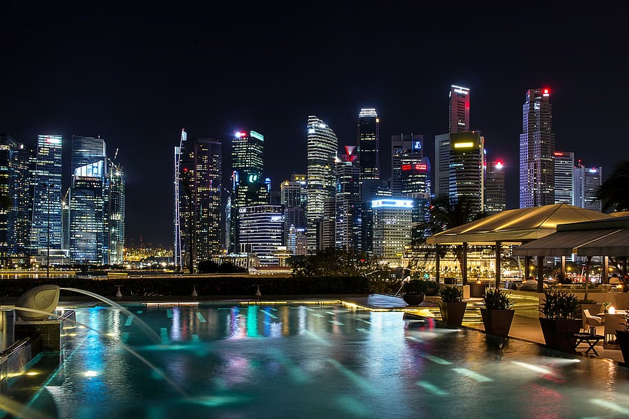 foto, iluminado, Arranha-céus, concreto, ponte, apart, Cingapura, noite, arquitetura, Ásia