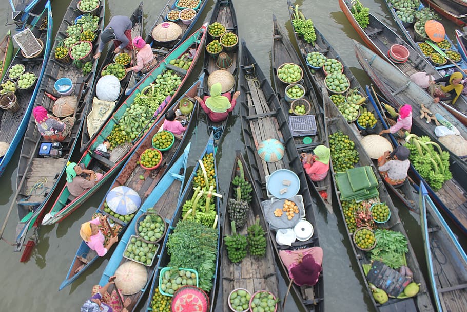 floating, market, lok baintan, south borneo, high angle view, retail, choice, arrangement, large group of objects, variation