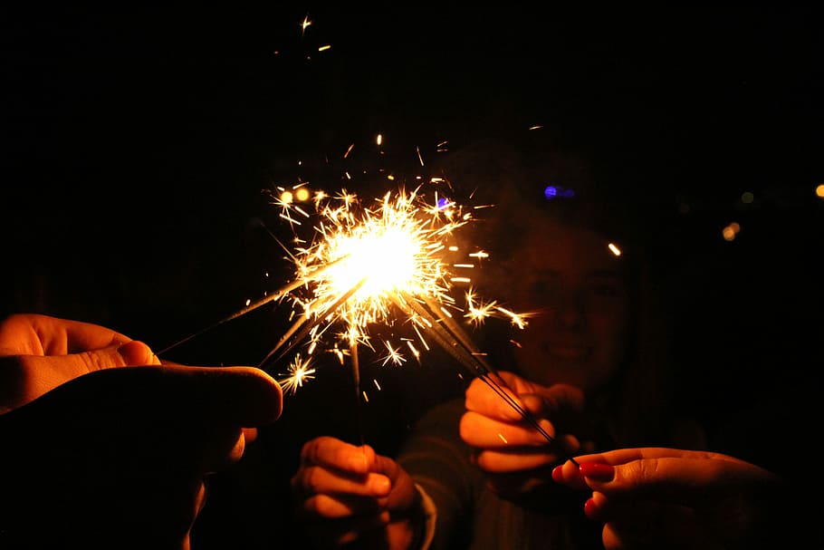 radio, kembang api, panas, malam tahun baru, suasana hati, cahaya, semprot, emas, bintang, hujan bunga api