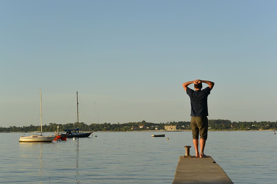 man, standing, boat dock, Bay, Boats, Fishing, Clear, Summer, Heat, summer, heat