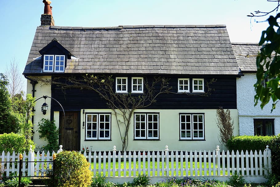 white, black, 2-storey, 2- storey house, cottage, dwelling, house, building, home, exterior
