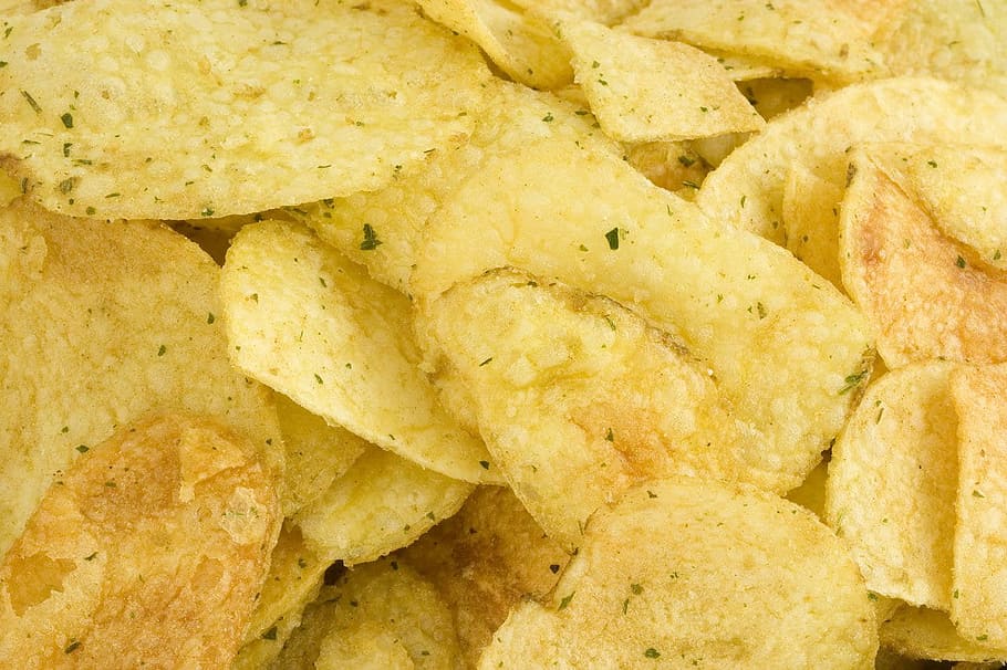 closeup, potato chips, crisps, yellow, background, salt, salty, potatoes, oil, fat