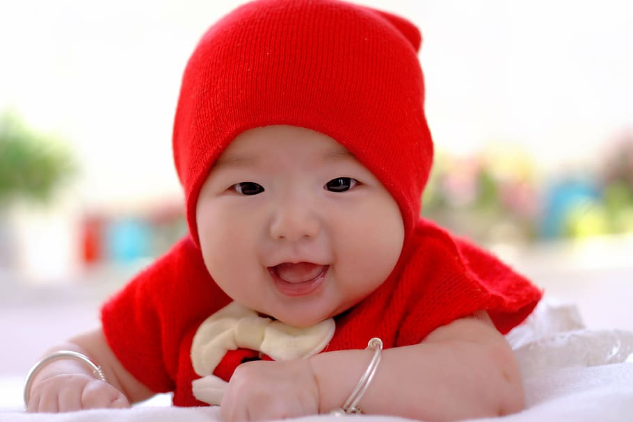 baby, wearing, red, top, knit, cap, paternity, child care, child, cute