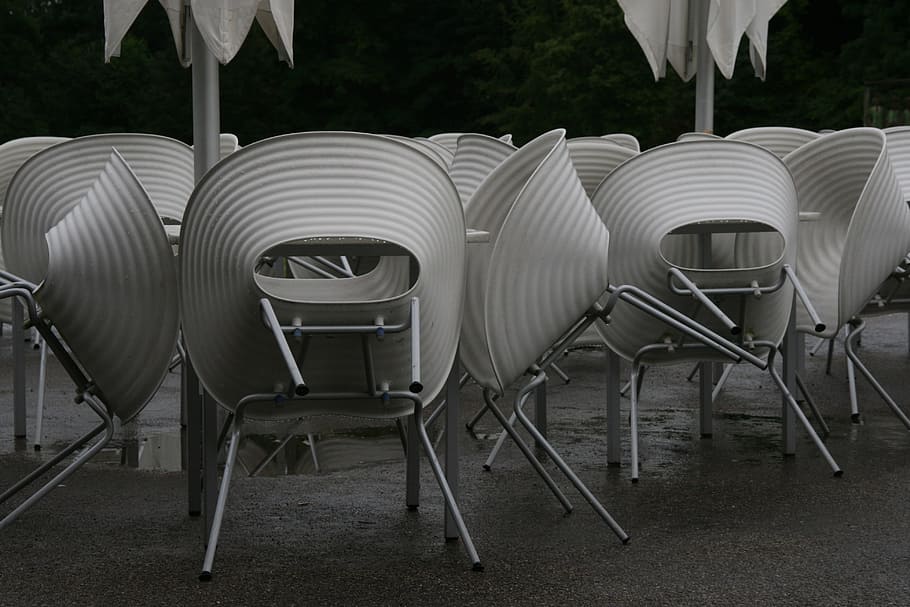 Closed, Chairs, Moist, rain, chair, seat, film industry, outdoors, day, white color
