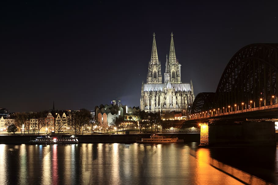 concrete, bridge, cathedral, night sky, cologne cathedral, dom, landmark, evening, gothic, rhine