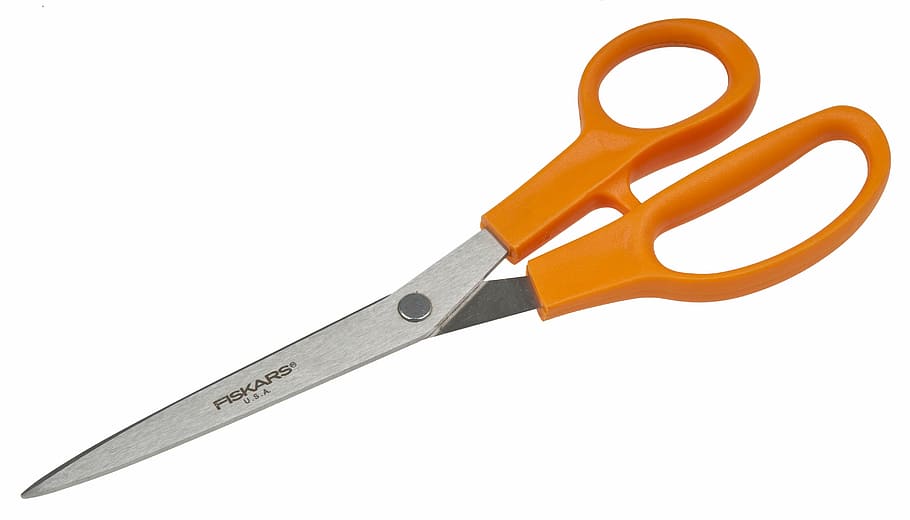 orange fiskars scissors, scissors, cut, fiskars, cutting, paper, work tool, metal, cut out, single object