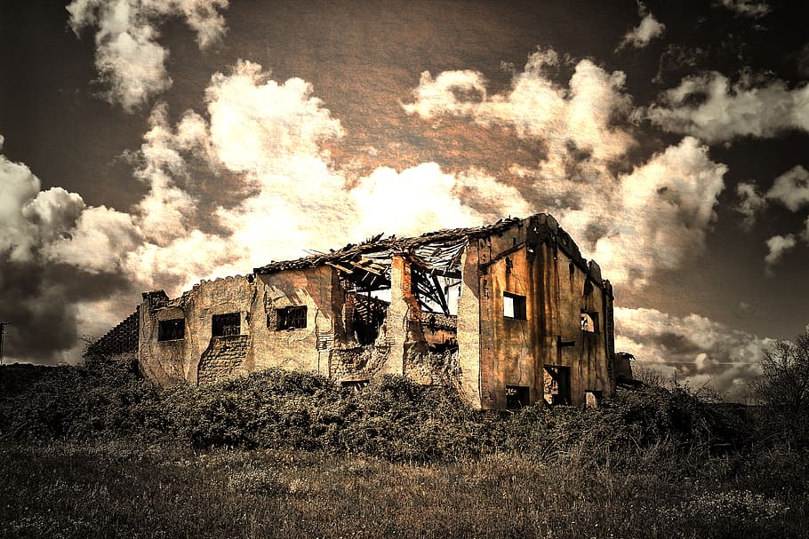 abandoned, outdoors, nature, landscape, horizontal, house, panoramic, decomposition, wood, cloud