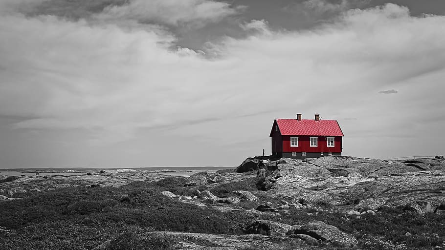 red, cottage, archipelago, sweden, scandinavia, landscape, house, nature, architecture, countryside