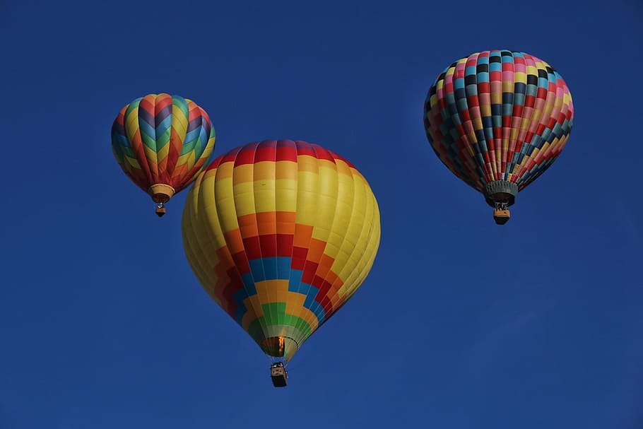 three, multicolored, hot, air balloons, flight, balloons, hot air, rising, sky, colorful