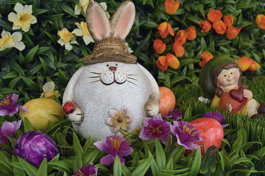 hare, easter bunny, easter eggs, egg, easter, spring, grass, easter decoration, flowers, girl