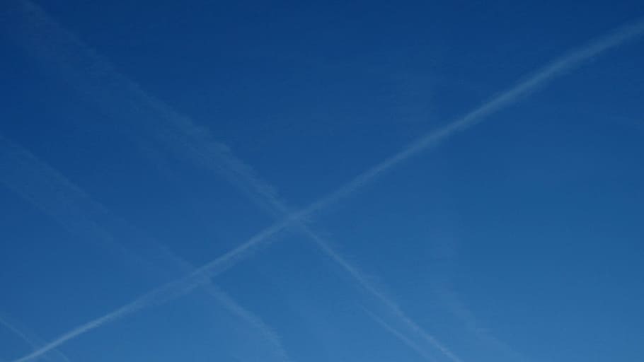 blue, sky, contrails, condensation, chemtrails, white, aviation, trace, pollution, atmosphere