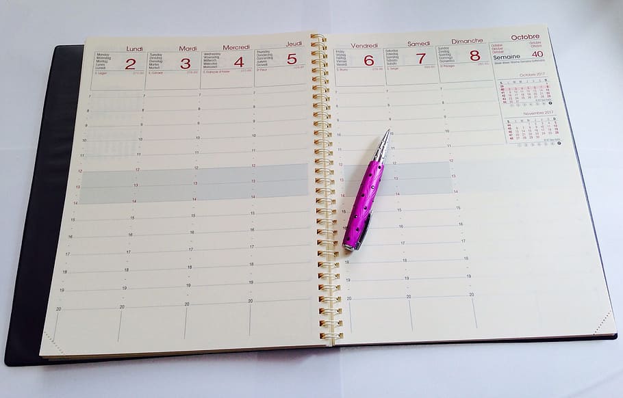 pink, click pen, white, notebook, Diary, Week, Office, School, studies, pen
