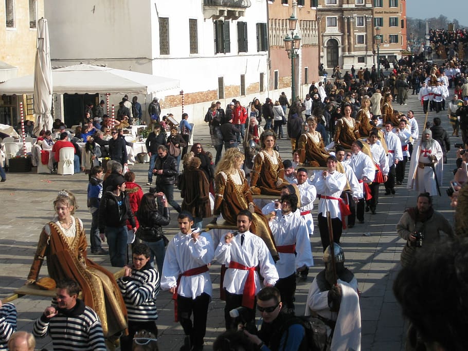 Venesia, Italia, parade, festival, orang-orang, jalan, bangunan, wanita, pria, gadis