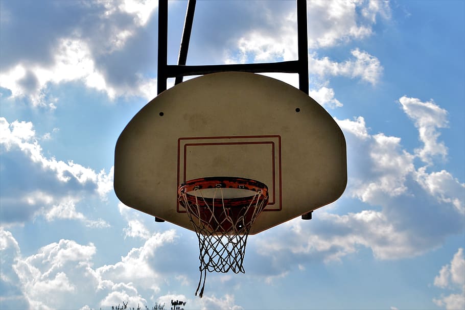 white, black, basketball hoop, bue sky, daytime, basketball, backboard, rim, clouds, skyline