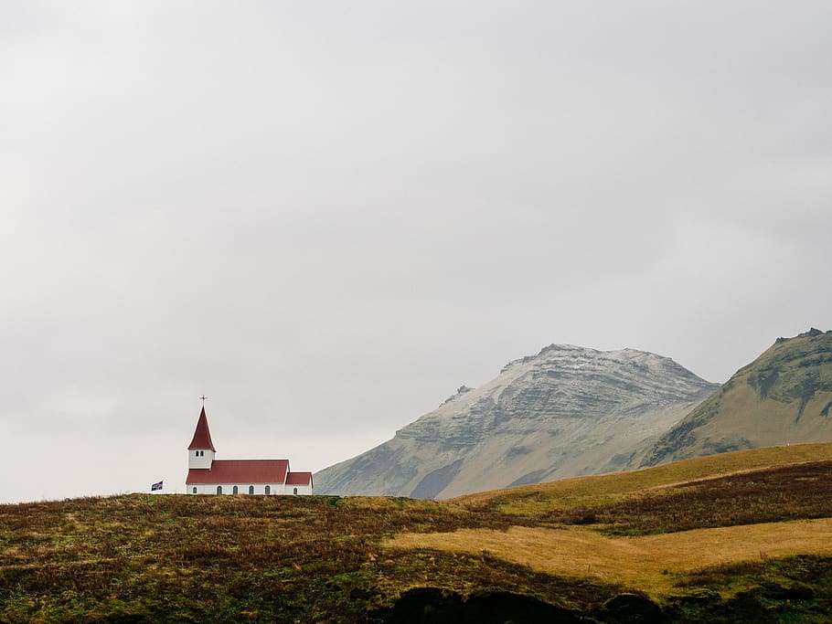 church, cross, red, roof, grey, sky, mountains, cliffs, hills, fields