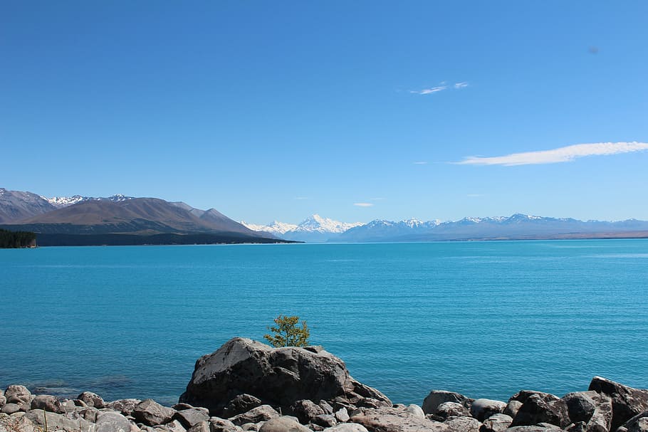 lago, natural, agua, azul, montañas, monte cook, lago pukaki, lago de montaña, paisaje, montaña