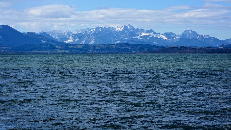 landscape, chiemsee, lake, water, nature, bavaria, mountains, blue, clouds, distant