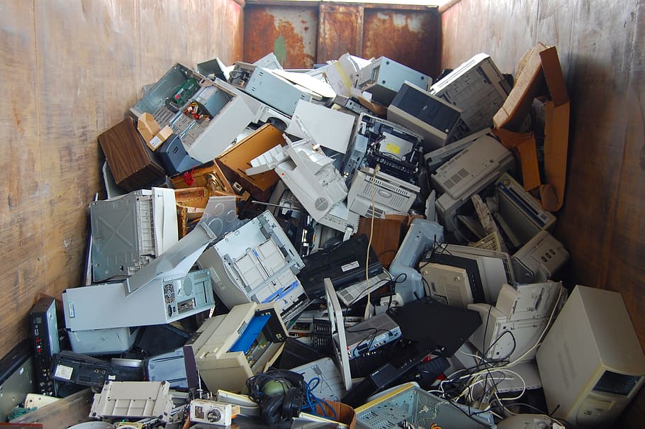 sortidas, com fio, eletrônicos, lote de dispositivo, Computador, Sucata, Tecnologia, Lixo, lixo velho, usado