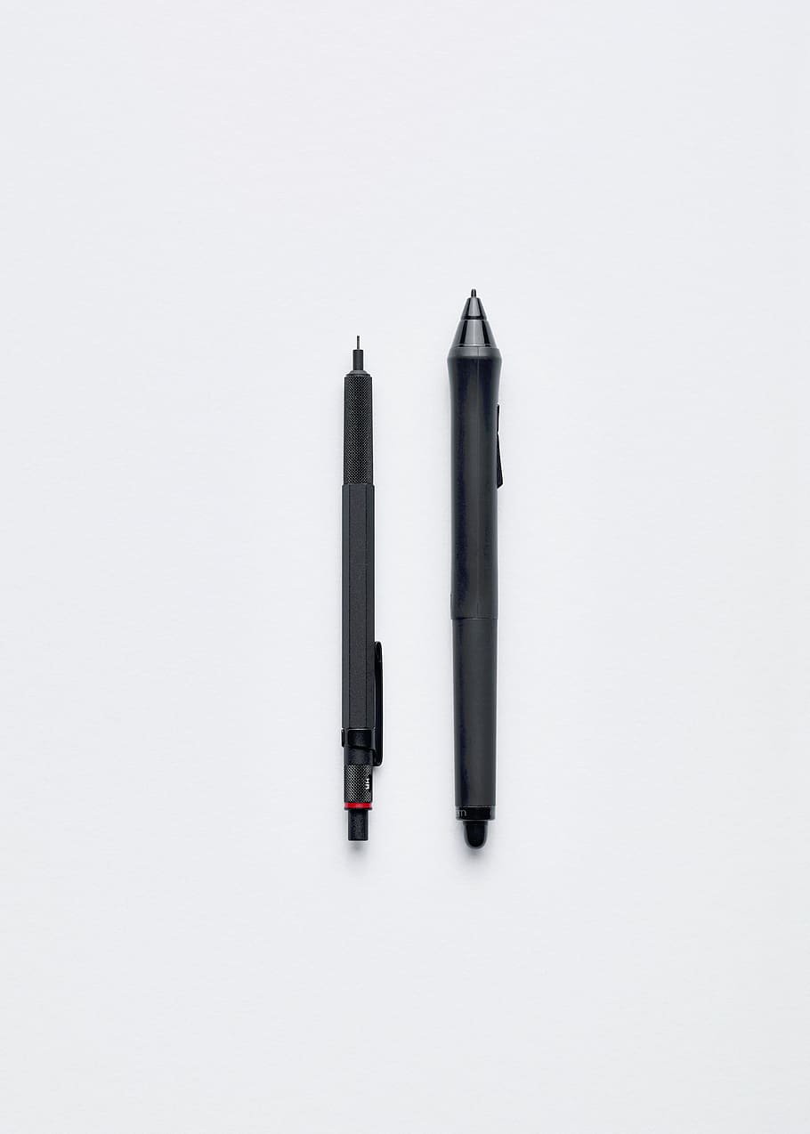 dois, preto, retrátil, canetas, branco, superfície, objetos, escritório, escrita, moderna