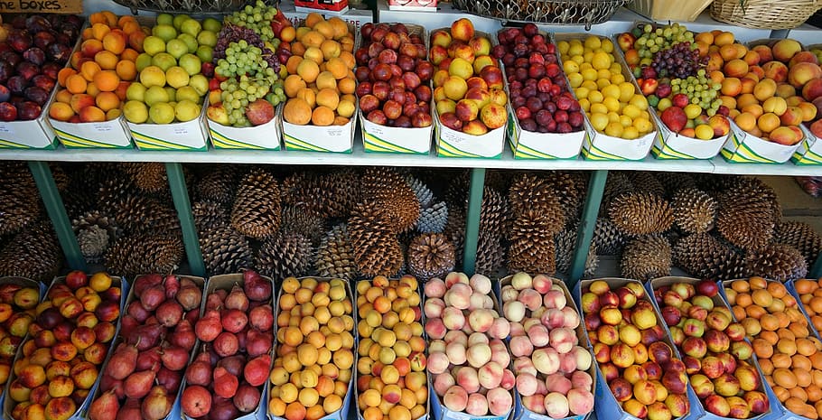 さまざまな, 果物, 屋台, 果物屋, 市場の屋台, 食べ物, 健康, 販売, 混合, おいしい
