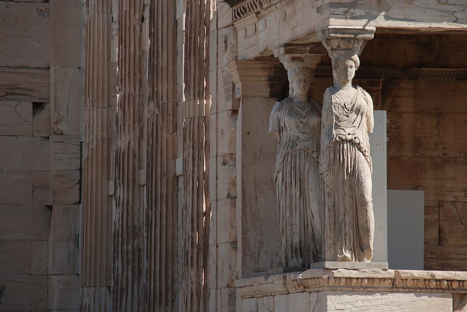 two women columns, greece, athens, column, sculpture, parthenon, monuments, acropolis, architecture, olympics