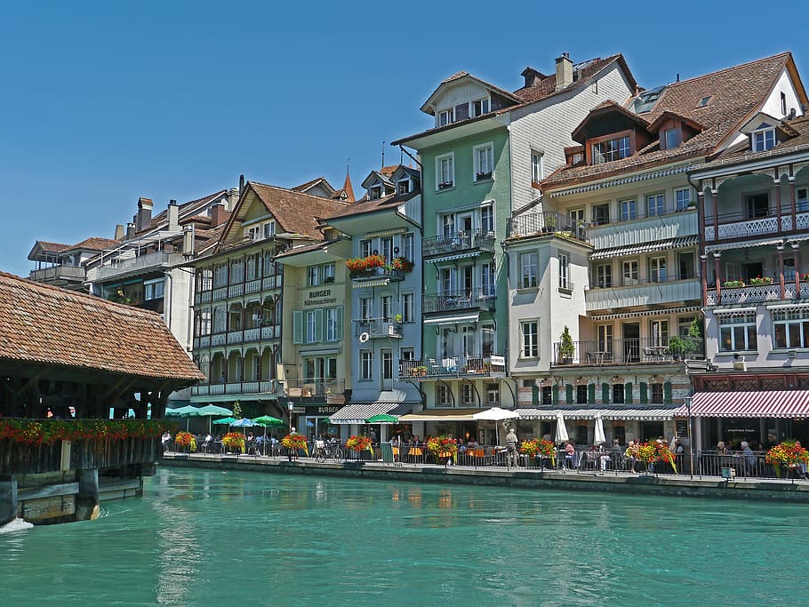 switzerland, thun, downtown, aare, water, turquoise, outside catering, restaurant, townhouses, river