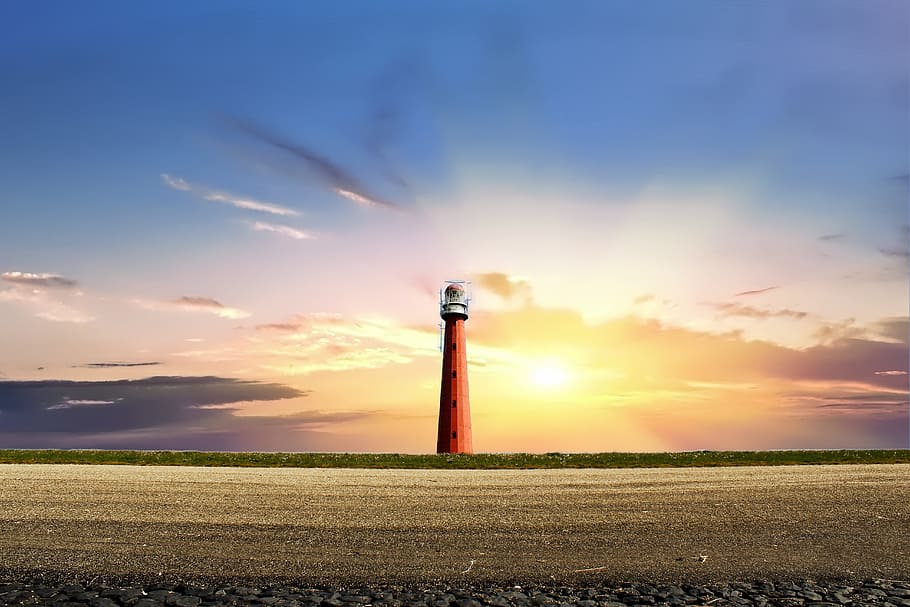 赤い灯台, 太陽, 灯台, オランダ, 夕日, 空, 雲, 自然, 風景, 海岸