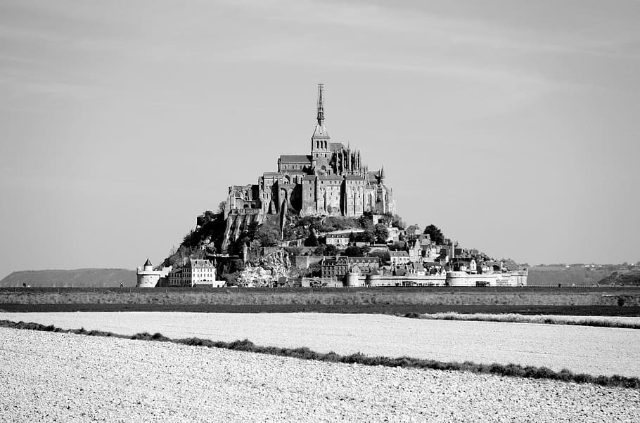 mont saint-michel, france, monument, heritage, church, architecture, famous Place, history, black And White, cathedral