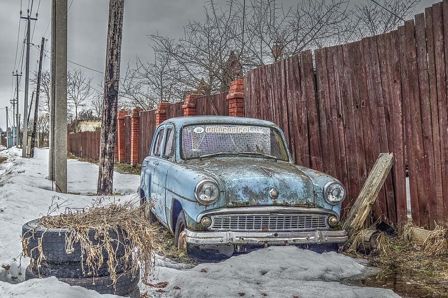 Moskvich, parked, sedan, wooden, wall, cold temperature, mode of transportation, tree, snow, land vehicle