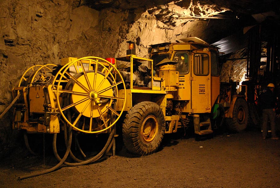 Tractor, Machines, Mine, Underground, wheel, indoors, night, wine cask, transportation, industry