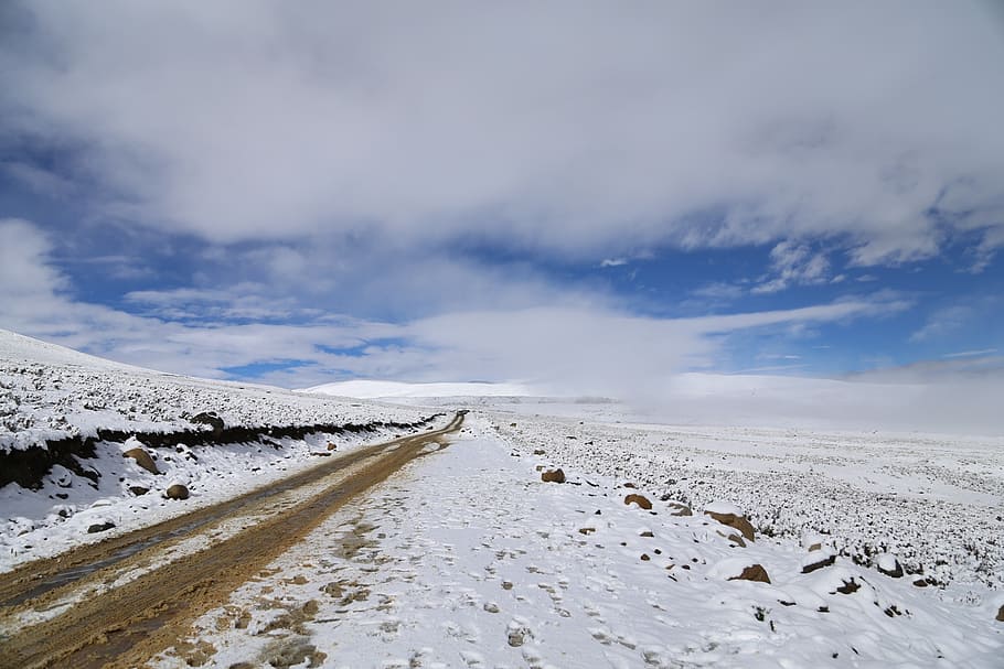 landscape, snow, winter, road, nie, western sichuan, china, nature, mountain, sky
