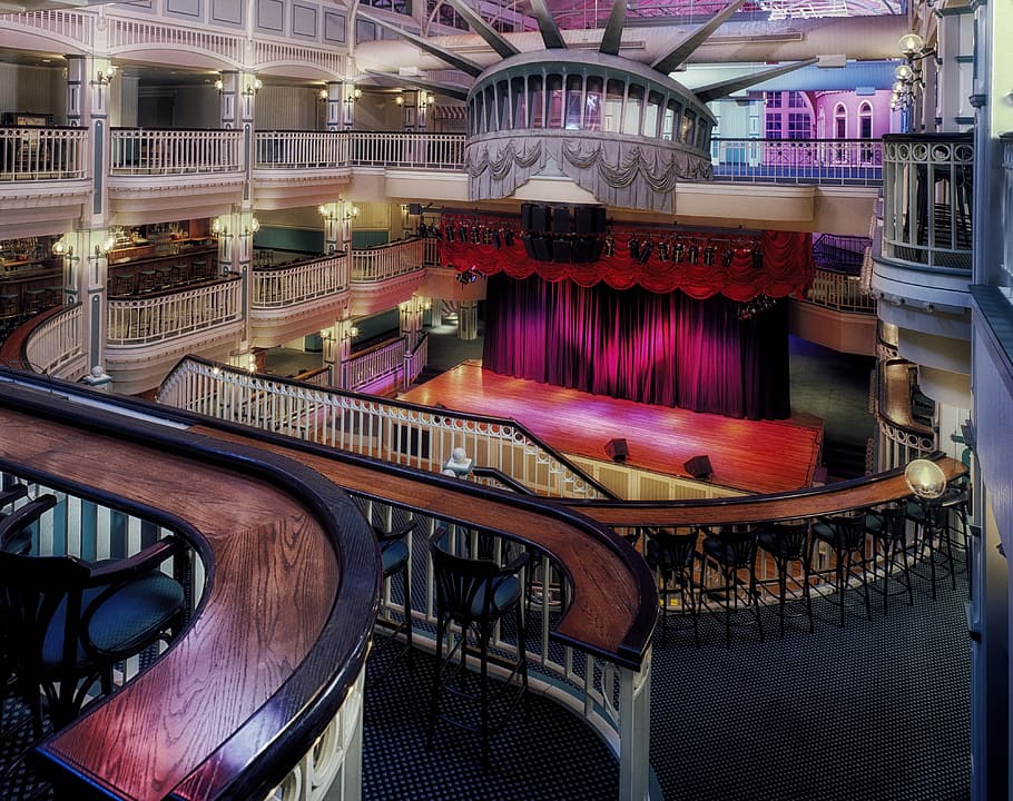 multicolored opera house, baltimore, maryland, auditorium, stage, curtain, seats, seating, hdr, inside