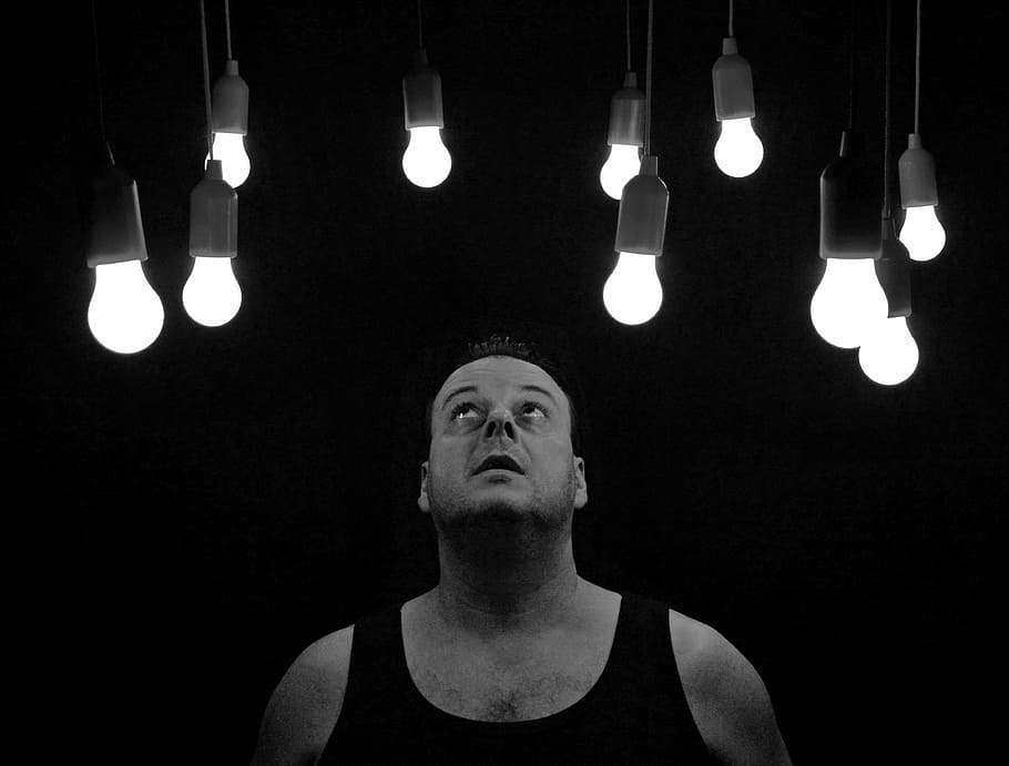 grayscale photo, man, looking, light bulbs, pears, light, awakening, looking into the light, bulbs, current
