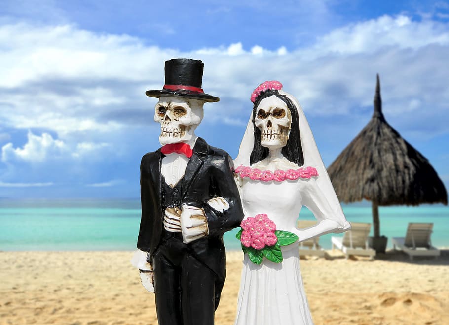bride, groom, skeleton, beach, tropical, wedding, love, couple, woman, man