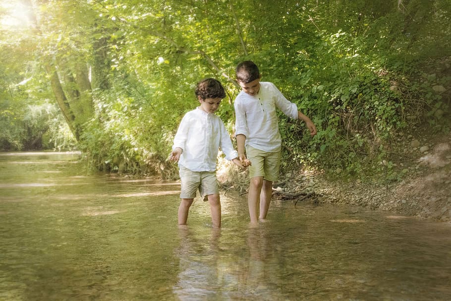 two, boy, walking, water, children, river, together, hand, fellow, people