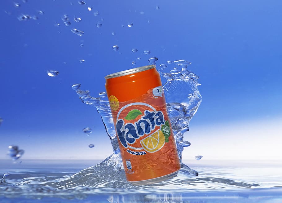 fanta, water, cans, drinks, orange juice, splash, advertising, blue, splashing, refreshment