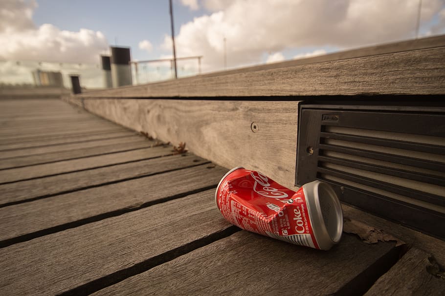 coca-cola soda, brown, wooden, surface, can, garbage, cocacola, recycle, dump, environment