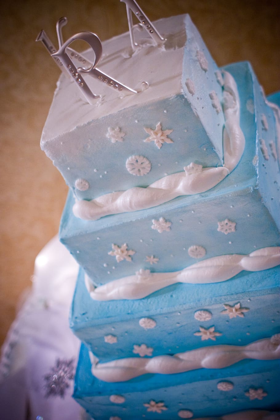 pernikahan, kue, biru, kotak, lapisan, manis, makanan, putih, pencuci mulut, perayaan