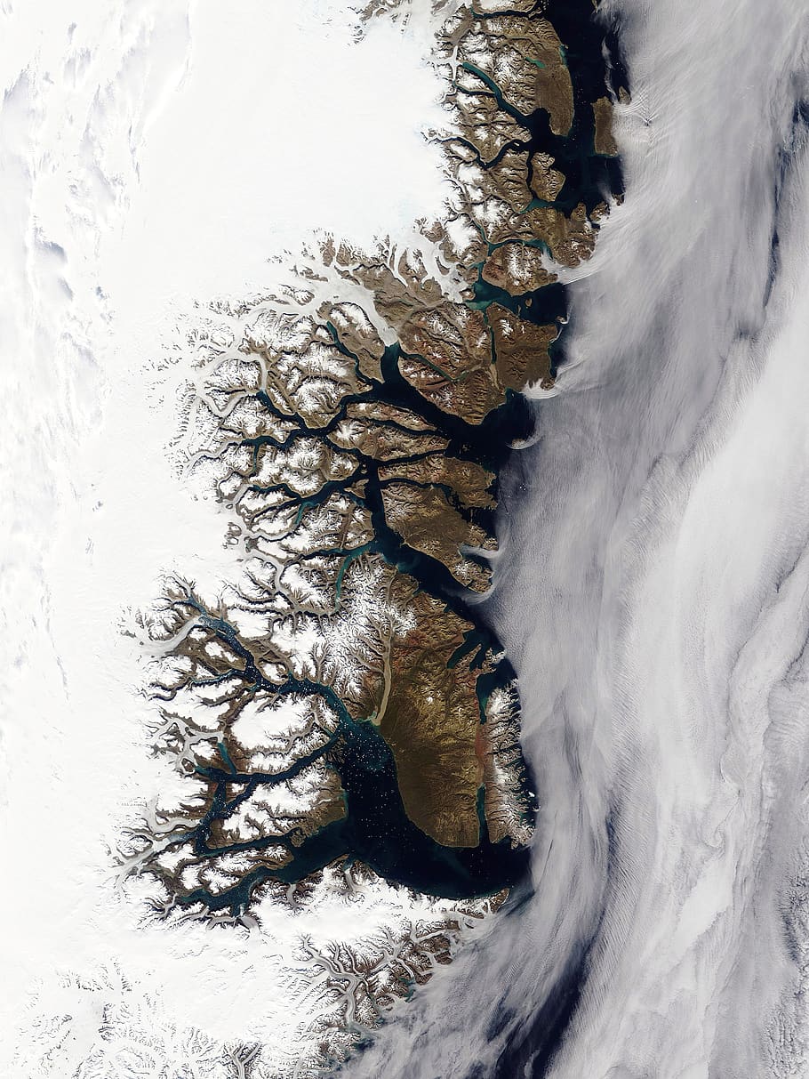 Groenlandia, fiordos, helado, invierno, vista aérea, ártico, frío, temperatura fría, árbol, nieve