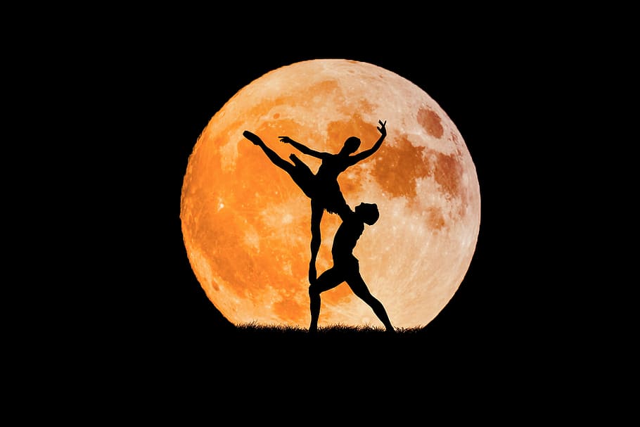 silhouette ballerina, moon, dancing couple, full moon, ballerina, boy, ballet, super moon, dance, happy