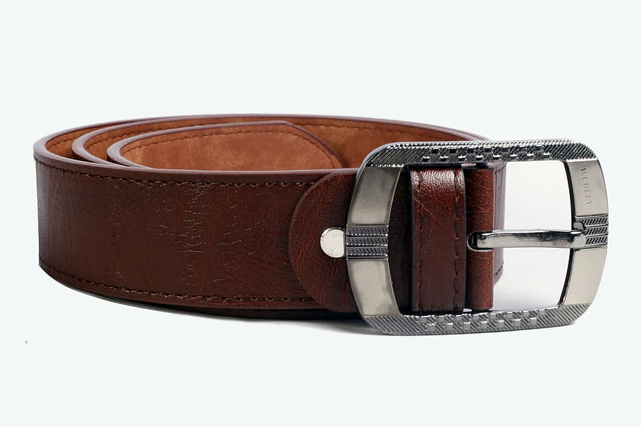rolled, silver, buckle, brown, leather belt, belt, belt buckle, metal, leather, clothing