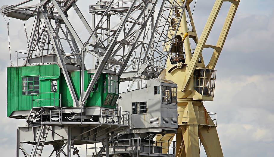 tiga tower crane, harbour crane, langit, awan, industri, pelabuhan, crane, pengiriman, crane pemuatan, pengangkutan barang
