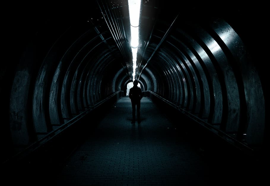 silhouette, person, standing, inside, tunnel, impala, computer, cup, diminishing perspective, light at the end of the tunnel