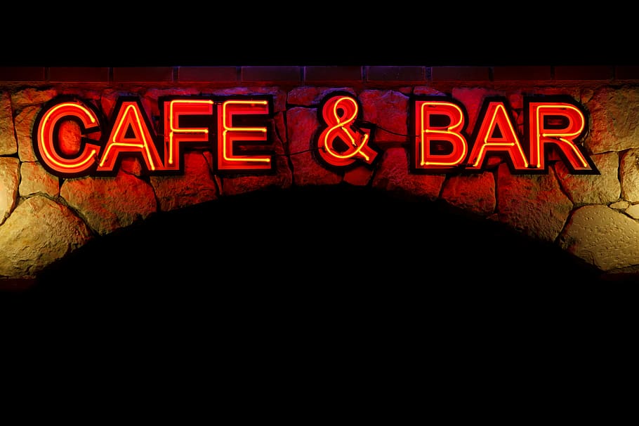 cafe, &, bar neon signage, alkohol, bar, café, warna, gelap, makan malam, minum