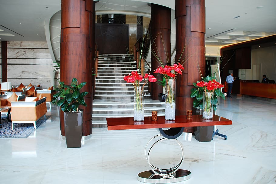 hotel, resepsionis, input range, ruang resepsi, check-in, ruang masuk, desain interior, bunga, tanaman berbunga, menanam